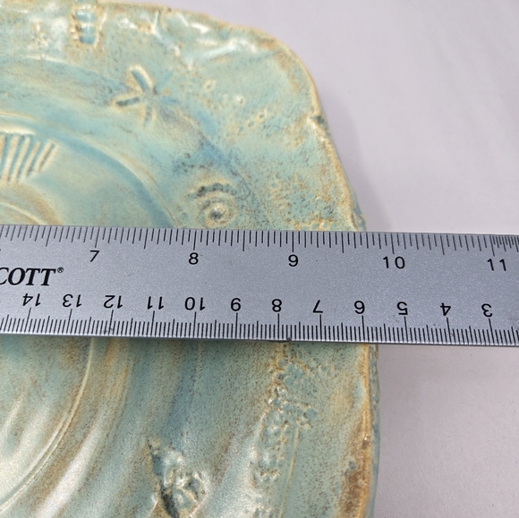 Coastal Ceramic Art Piece Plate in Teal and Tan Stamped Starfish & Sea Shells - Picture 10 of 11